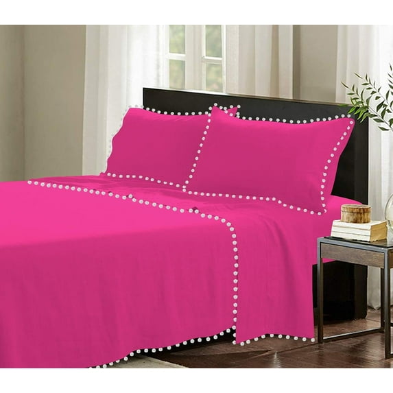 D.N.G. BEDDINGS 4 Piece Pom Pom Sheet Set 21 Inch Deep Pocket, White Pom-Pom Fringe Solid Pattern, 800 Thread Count 100% Egyptian Cotton (Solid Hot Pink Color, Olympic Queen Size)