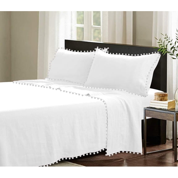 D.N.G. BEDDINGS 4 Piece Pom Pom Sheet Set 24 Inch Deep Pocket, White Pom-Pom Fringe Solid Pattern, 800 Thread Count 100% Egyptian Cotton (Solid White Color, Olympic Queen Size)