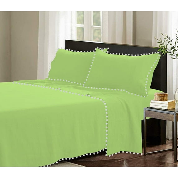D.N.G. BEDDINGS 4 Piece Pom Pom Sheet Set 24 Inch Deep Pocket, White Pom-Pom Fringe Solid Pattern, 800 Thread Count 100% Egyptian Cotton (Solid Sage Color, Queen Size)