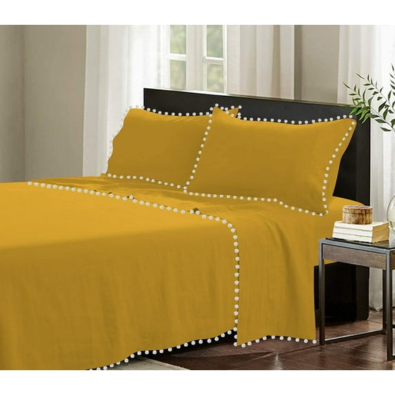 D.N.G. BEDDINGS 4 Piece Pom Pom Sheet Set 26 Inch Deep Pocket, White Pom-Pom Fringe Solid Pattern, 800 Thread Count 100% Egyptian Cotton (Solid Gold Color, Olympic Queen Size)