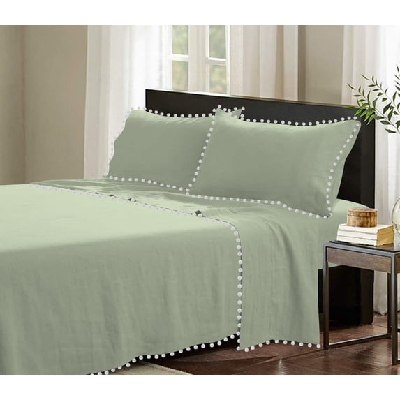 D.N.G. BEDDINGS 4 Piece Pom Pom Sheet Set 26 Inch Deep Pocket, White Pom-Pom Fringe Solid Pattern, 800 Thread Count 100% Egyptian Cotton (Solid Light Sage Color, Full Size)
