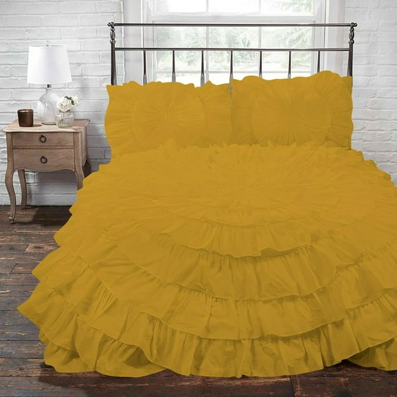 D.N.G. BEDDINGS 5 Piece 100% Egyptian Cotton Circle Ruffle Comforter Set, 550 GSM Filled Microfiber - Full/Queen Size, Golden Color - 800 Thread Count