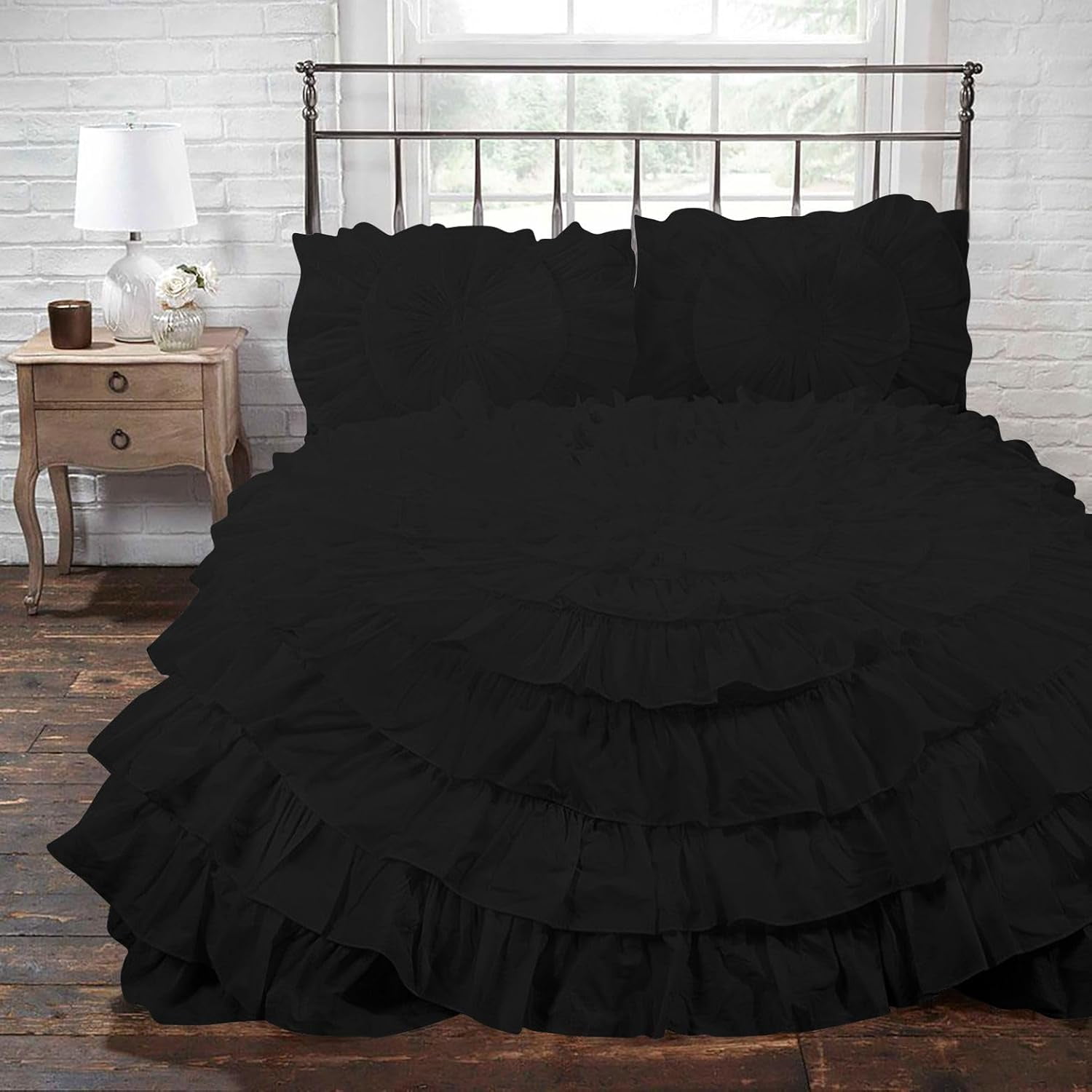 D.N.G. BEDDINGS 5 Piece 100% Egyptian Cotton Circle Ruffle Comforter Set, 550 GSM Filled Microfiber - King/Cal-King Size, Black Color - 800 Thread Count