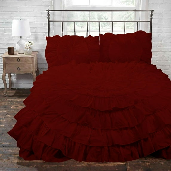 D.N.G. BEDDINGS 5 Piece 100% Egyptian Cotton Circle Ruffle Comforter Set, 550 GSM Filled Microfiber - King/Cal-King Size, Burgundy Color - 800 Thread Count