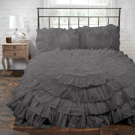 D.N.G. BEDDINGS 5 Piece 100% Egyptian Cotton Circle Ruffle Comforter Set, 550 GSM Filled Microfiber - King/Cal-King Size, Dark Grey Color - 800 Thread Count