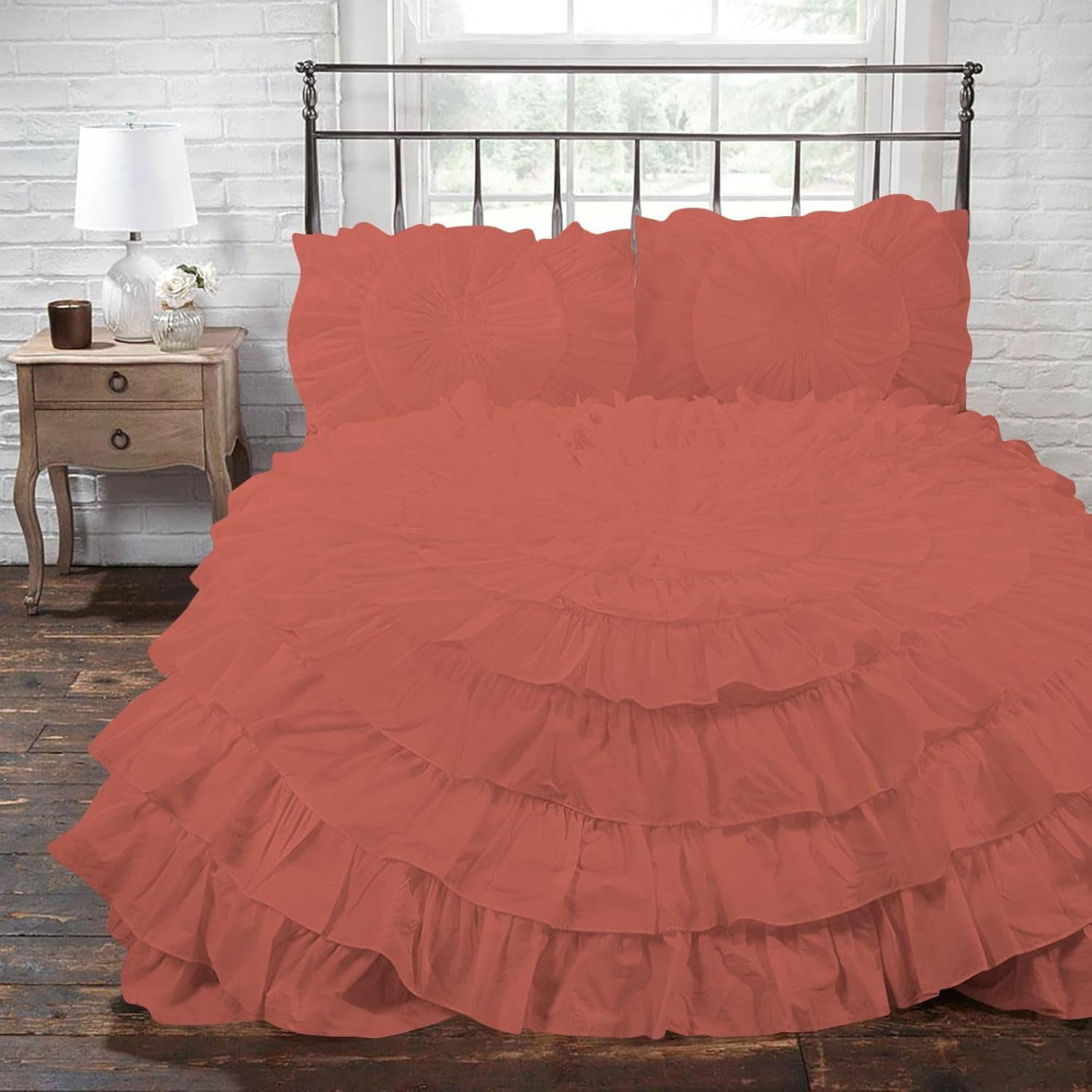 D.N.G. BEDDINGS 5 Piece 100% Egyptian Cotton Circle Ruffle Comforter Set, 550 GSM Filled Microfiber - Oversized Super King Size, Brick Red Color - 800 Thread Count