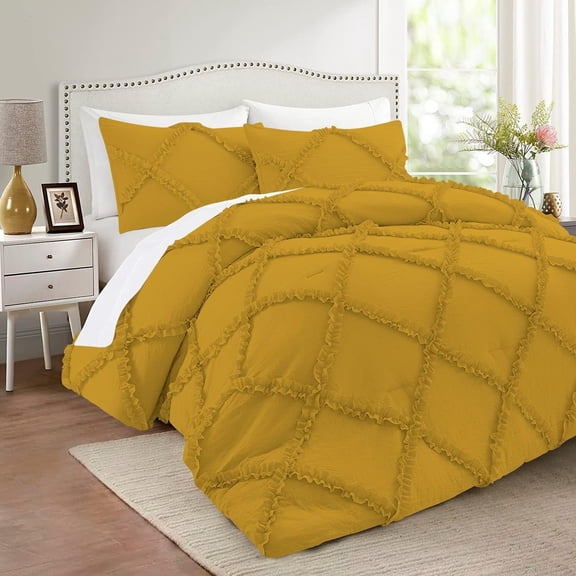 D.N.G. BEDDINGS 5 Piece Luxurious Diamond Ruffle Comforter Set Super Soft, All Season Pintuck 800 Thread Count, 100% Egyptian Cotton, Full/Queen Size Gold Color