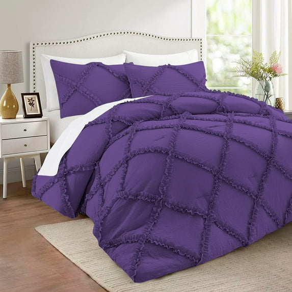 D.N.G. BEDDINGS 5 Piece Luxurious Diamond Ruffle Comforter Set Super Soft, All Season Pintuck 800 Thread Count, 100% Egyptian Cotton, King/California King Size Purple Color