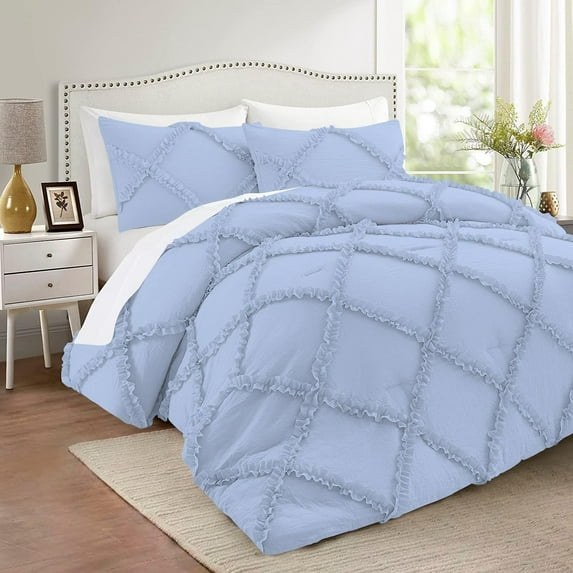 D.N.G. BEDDINGS 5 Piece Luxurious Diamond Ruffle Comforter Set Super Soft, All Season Pintuck 800 Thread Count, 100% Egyptian Cotton, King/California King Size Light Blue Color