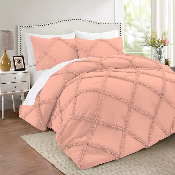 D.N.G. BEDDINGS 5 Piece Luxurious Diamond Ruffle Comforter Set Super Soft, All Season Pintuck 800 Thread Count, 100% Egyptian Cotton, Oversized Super King Size Peach Color