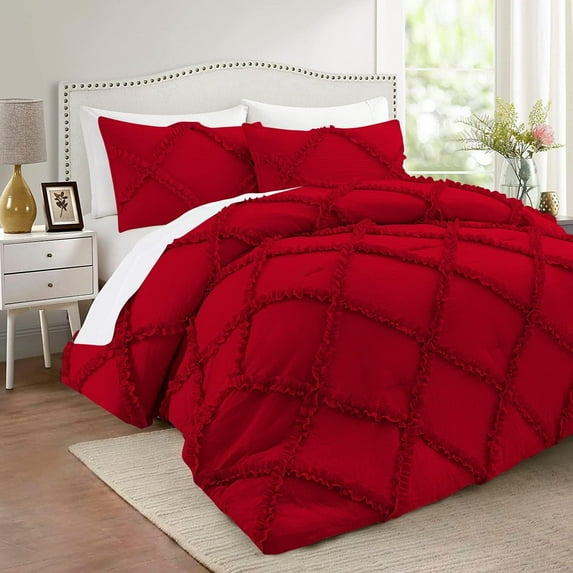 D.N.G. BEDDINGS 5 Piece Luxurious Diamond Ruffle Comforter Set Super Soft, All Season Pintuck 800 Thread Count, 100% Egyptian Cotton, Super King Size Red Color