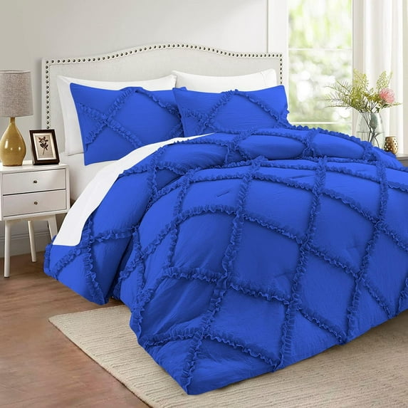 D.N.G. BEDDINGS 5 Piece Luxurious Diamond Ruffle Comforter Set Super Soft, All Season Pintuck 800 Thread Count, 100% Egyptian Cotton, Twin/Twin XL Size Royal Blue Color