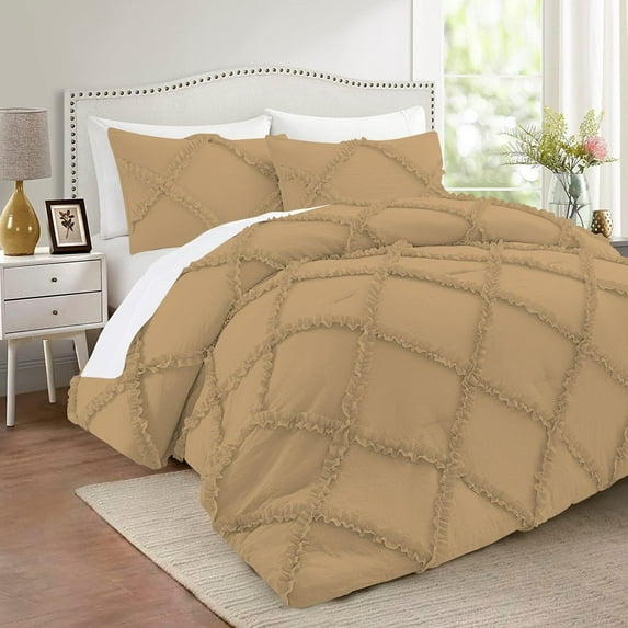D.N.G. BEDDINGS 5 Piece Luxurious Diamond Ruffle Comforter Set Super Soft, All Season Pintuck 800 Thread Count, 100% Egyptian Cotton, Twin/Twin XL Size Taupe Color
