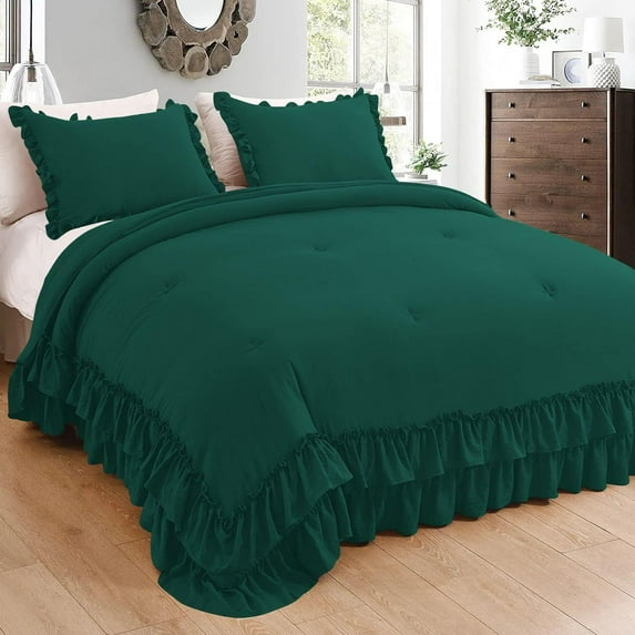 D.N.G. BEDDINGS 5 Piece Luxury 5 Inch Two Layer Ruffle Comforter Set Premium Super Soft, 800 TC, 100% Egyptian Cotton, Super Soft, Full/Queen Size Teal Green Color