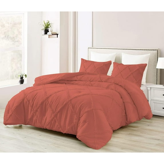 D.N.G. BEDDINGS 5 Piece Luxury Diamond Ruffle Comforter Set Super Soft, All Season Pintuck 800 TC, 100% Egyptian Cotton, Super Soft King/California King Size Brick Red Color