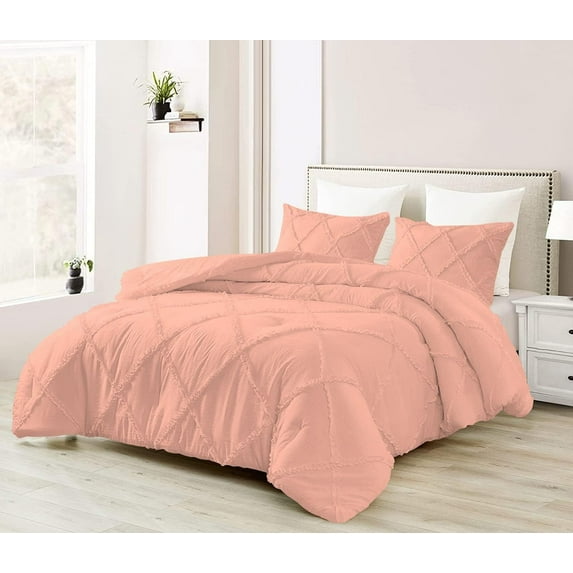 D.N.G. BEDDINGS 5 Piece Luxury Diamond Ruffle Comforter Set Super Soft, All Season Pintuck 800 TC, 100% Egyptian Cotton, Super Soft Oversized Super King Size Peach Color