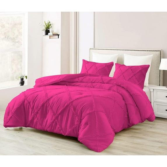 D.N.G. BEDDINGS 5 Piece Luxury Diamond Ruffle Comforter Set Super Soft, All Season Pintuck 800 TC, 100% Egyptian Cotton, Super Soft Oversized Super King Size Hot Pink Color