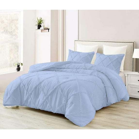 D.N.G. BEDDINGS 5 Piece Luxury Diamond Ruffle Comforter Set Super Soft, All Season Pintuck 800 TC, 100% Egyptian Cotton, Super Soft Super King Size Light Blue Color