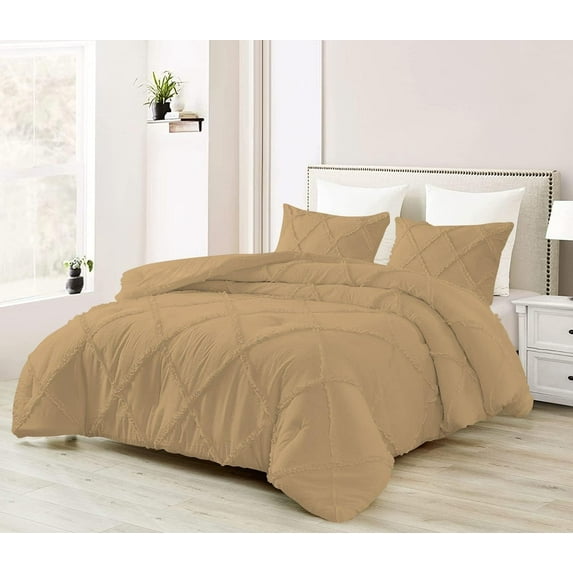 D.N.G. BEDDINGS 5 Piece Luxury Diamond Ruffle Comforter Set Super Soft, All Season Pintuck 800 TC, 100% Egyptian Cotton, Super Soft Super King Size Taupe Color