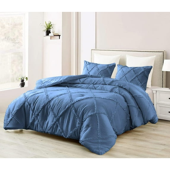 D.N.G. BEDDINGS 5 Piece Luxury Diamond Ruffle Comforter Set Super Soft, All Season Pintuck 800 TC, 100% Egyptian Cotton, Super Soft Twin/Twin XL Size Medium Blue Color
