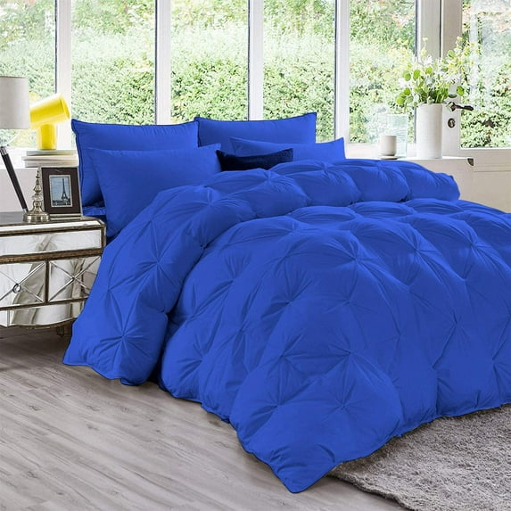 D.N.G. BEDDINGS 5 Piece Luxury Pinch Pleated Comforter Set Premium 800 Thread Count 100% Egyptian Cotton Super King Size Solid Royal Blue Color