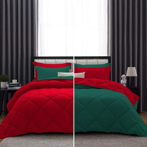 D.N.G. BEDDINGS 5 Piece Luxury Reversible Diamond Pattern Comforter Set Premium Super Soft, All Season 800 TC, 100% Egyptian Cotton Full/Queen Size Teal Green/Red Solid Color