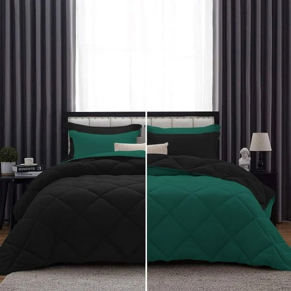 D.N.G. BEDDINGS 5 Piece Luxury Reversible Diamond Pattern Comforter Set Premium Super Soft, All Season 800 TC, 100% Egyptian Cotton Full/Queen Size Teal Green/Black Solid Color