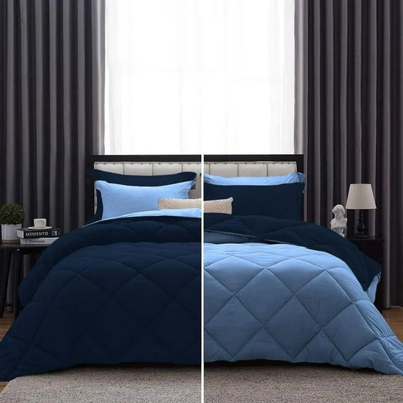 D.N.G. BEDDINGS 5 Piece Luxury Reversible Diamond Pattern Comforter Set Premium Super Soft, All Season 800 TC, 100% Egyptian Cotton King/California King Size Navy-Medium Blue Color
