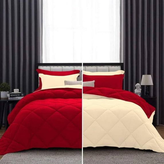 D.N.G. BEDDINGS 5 Piece Luxury Reversible Diamond Pattern Comforter Set Premium Super Soft, All Season 800 TC, 100% Egyptian Cotton King/California King Size Ivory/Red Solid Color