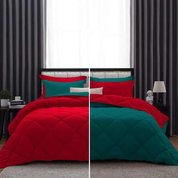 D.N.G. BEDDINGS 5 Piece Luxury Reversible Diamond Pattern Comforter Set Premium Super Soft, All Season 800 TC, 100% Egyptian Cotton Oversized Super King Size Teal/Red Solid Color