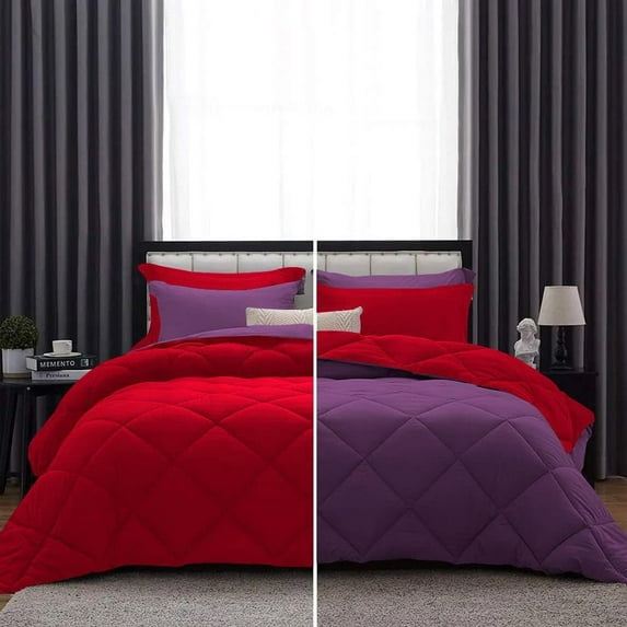 D.N.G. BEDDINGS 5 Piece Luxury Reversible Diamond Pattern Comforter Set Premium Super Soft, All Season 800 TC, 100% Egyptian Cotton Oversized Super King Size Plum/Red Solid Color