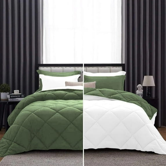D.N.G. BEDDINGS 5 Piece Luxury Reversible Diamond Pattern Comforter Set Premium Super Soft, All Season 800 TC, 100% Egyptian Cotton Super King Size Moss/White Solid Color