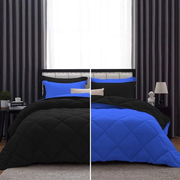 D.N.G. BEDDINGS 5 Piece Luxury Reversible Diamond Pattern Comforter Set Premium Super Soft, All Season 800 TC, 100% Egyptian Cotton Super King Size Royal Blue/Black Solid Color