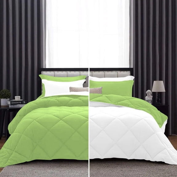 D.N.G. BEDDINGS 5 Piece Luxury Reversible Diamond Pattern Comforter Set Premium Super Soft, All Season 800 TC, 100% Egyptian Cotton Super King Size Sage/White Solid Color