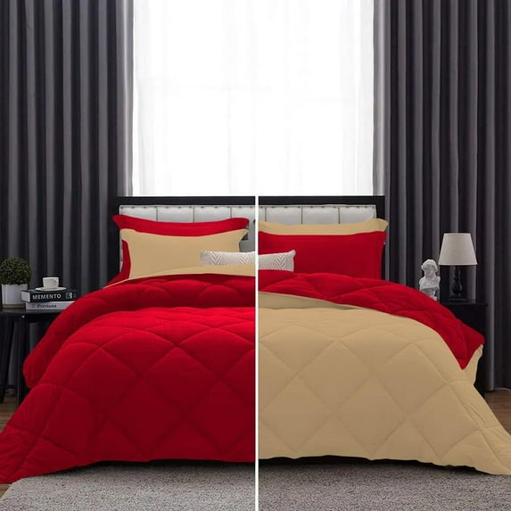 D.N.G. BEDDINGS 5 Piece Luxury Reversible Diamond Pattern Comforter Set Premium Super Soft, All Season 800 TC, 100% Egyptian Cotton Twin/Twin XL Size Taupe/Red Solid Color