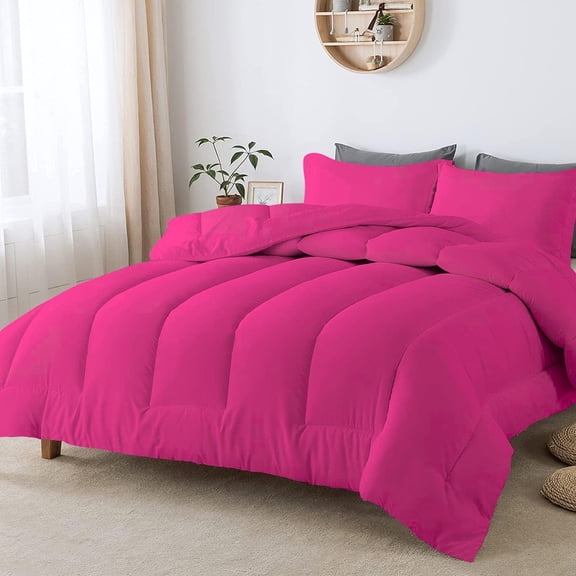 D.N.G. BEDDINGS 5 Piece Luxury Straight Line Pattern Comforter Set, Premium Super Soft, 800 Thread Count, 100% Egyptian Cotton, Full/Queen Size Hot Pink Solid Color