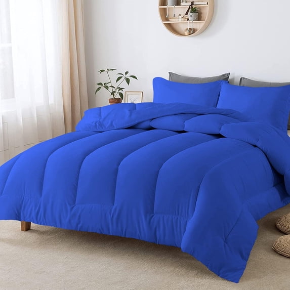 D.N.G. BEDDINGS 5 Piece Luxury Straight Line Pattern Comforter Set, Premium Super Soft, 800 Thread Count, 100% Egyptian Cotton, Full/Queen Size Royal Blue Solid Color
