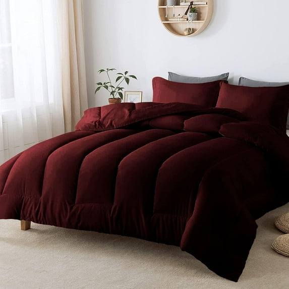 D.N.G. BEDDINGS 5 Piece Luxury Straight Line Pattern Comforter Set, Premium Super Soft, 800 Thread Count, 100% Egyptian Cotton, Twin/Twin XL Size Wine Solid Color