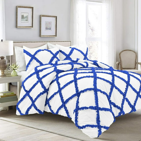 D.N.G. BEDDINGS 5 Piece Luxury Two Tone Diamond Ruffle Pattern Comforter Set Premium Super Soft, All Season 800 Thread Count 100% Egyptian Cotton Oversized Super King Size Royal Blue/White Solid Color
