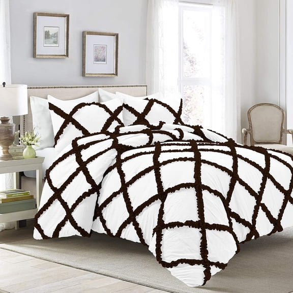 D.N.G. BEDDINGS 5 Piece Luxury Two Tone Diamond Ruffle Pattern Comforter Set Premium Super Soft, All Season 800 Thread Count 100% Egyptian Cotton Oversized Super King Size Chocolate/White Solid Color