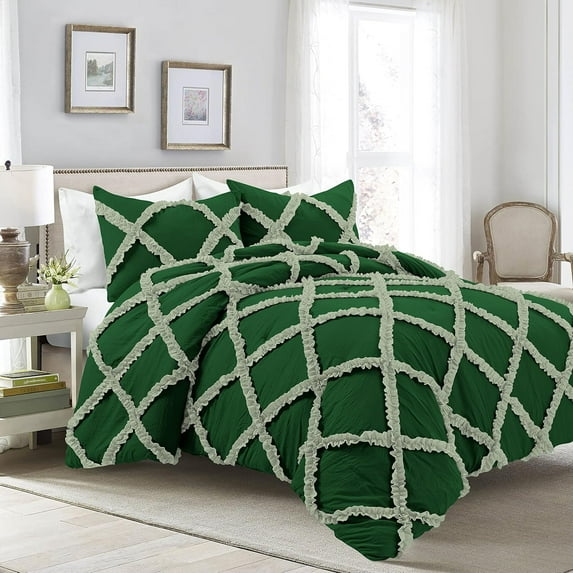 D.N.G. BEDDINGS 5 Piece Luxury Two Tone Diamond Ruffle Pattern Comforter Set Premium Super Soft, All Season 800 Thread Count, 100% Egyptian Cotton, Full/Queen Size Green-Light Sage Color