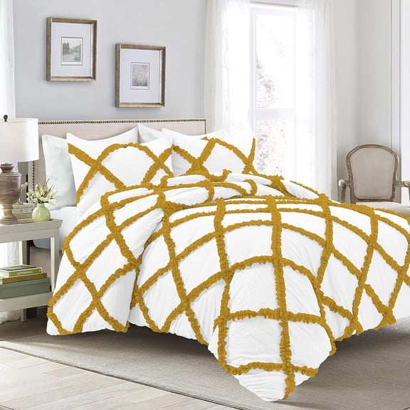 D.N.G. BEDDINGS 5 Piece Luxury Two Tone Diamond Ruffle Pattern Comforter Set Premium Super Soft, All Season 800 Thread Count 100% Egyptian Cotton Full/Queen Size Gold/White Solid Color