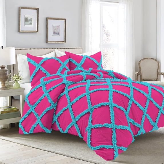 D.N.G. BEDDINGS 5 Piece Luxury Two Tone Diamond Ruffle Pattern Comforter Set Premium Super Soft, All Season 800 Thread Count, 100% Egyptian Cotton, Full/Queen Size Hot Pink-Turquoise Blue Color