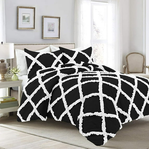 D.N.G. BEDDINGS 5 Piece Luxury Two Tone Diamond Ruffle Pattern Comforter Set Premium Super Soft All Season 800 Thread Count, 100% Egyptian Cotton, Full/Queen Size White/Black Solid Color