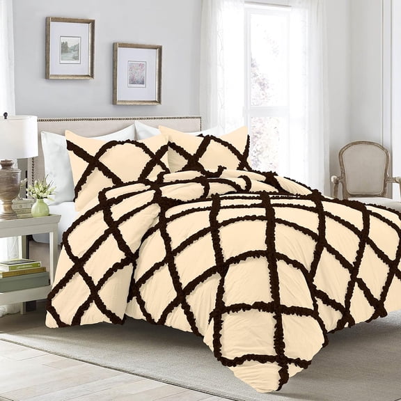 D.N.G. BEDDINGS 5 Piece Luxury Two Tone Diamond Ruffle Pattern Comforter Set Premium Super Soft, All Season 800 Thread Count, 100% Egyptian Cotton, King/California King Size Ivory-Chololate Color