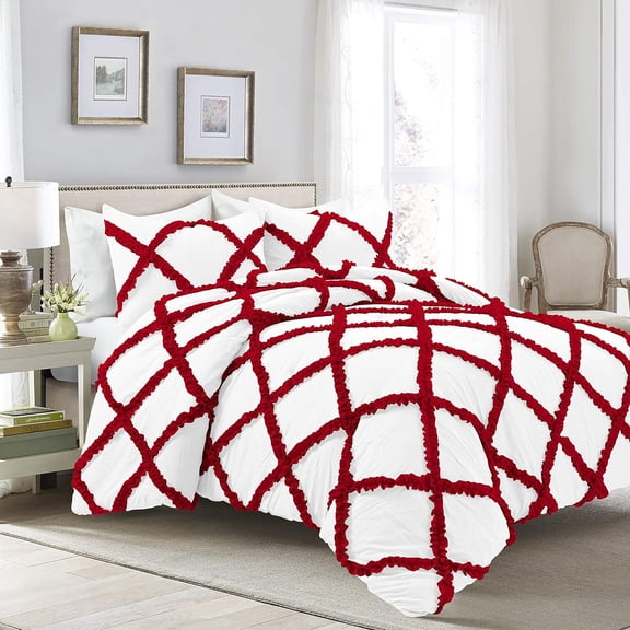 D.N.G. BEDDINGS 5 Piece Luxury Two Tone Diamond Ruffle Pattern Comforter Set Premium Super Soft, All Season 800 Thread Count 100% Egyptian Cotton King/California King Size Red/White Solid Color