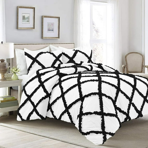 D.N.G. BEDDINGS 5 Piece Luxury Two Tone Diamond Ruffle Pattern Comforter Set Premium Super Soft, All Season 800 Thread Count 100% Egyptian Cotton King/California King Size Black/White Solid Color