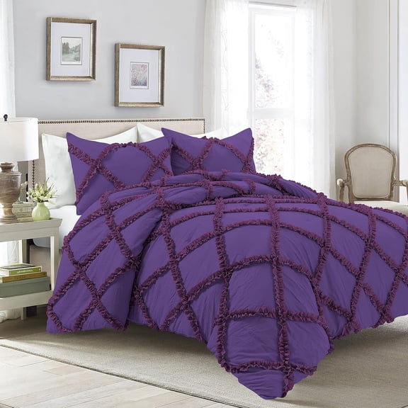 D.N.G. BEDDINGS 5 Piece Luxury Two Tone Diamond Ruffle Pattern Comforter Set Premium Super Soft, All Season 800 Thread Count, 100% Egyptian Cotton, Oversized Super King Size Plum-Purple Color