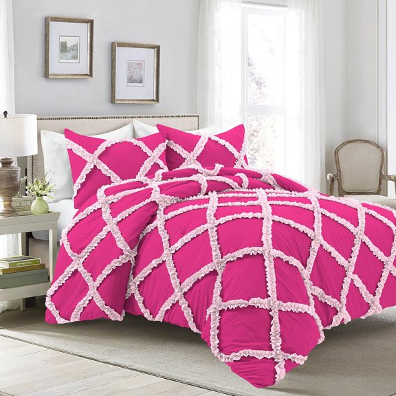 D.N.G. BEDDINGS 5 Piece Luxury Two Tone Diamond Ruffle Pattern Comforter Set Premium Super Soft, All Season 800 Thread Count, 100% Egyptian Cotton, Super King Size Hot Pink-Light Pink Color