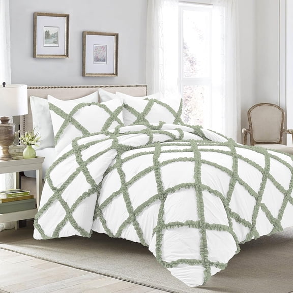 D.N.G. BEDDINGS 5 Piece Luxury Two Tone Diamond Ruffle Pattern Comforter Set Premium Super Soft, All Season 800 Thread Count 100% Egyptian Cotton Super King Size Light Sage/White Solid Color